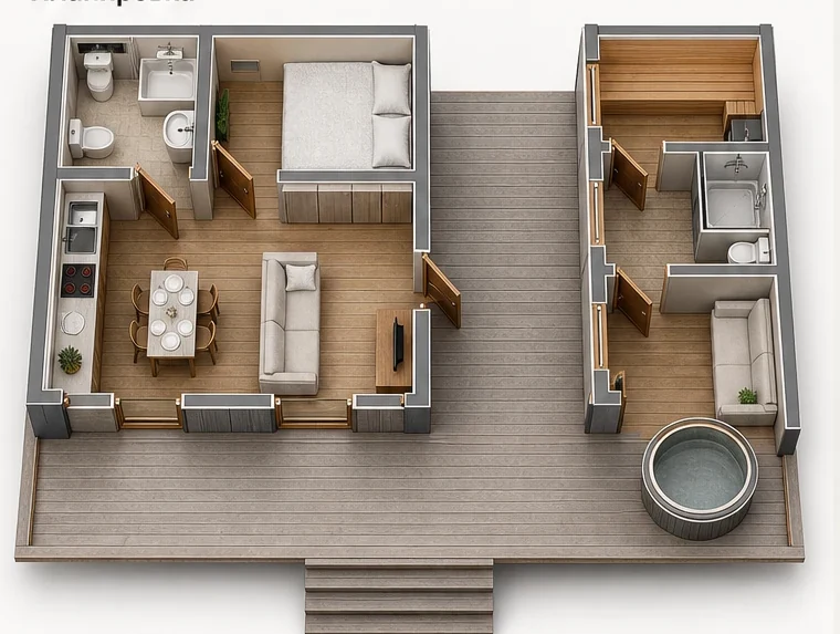 Планировка: Дачный домик с баней 30 м²+14 м²+терраса 30 м²
