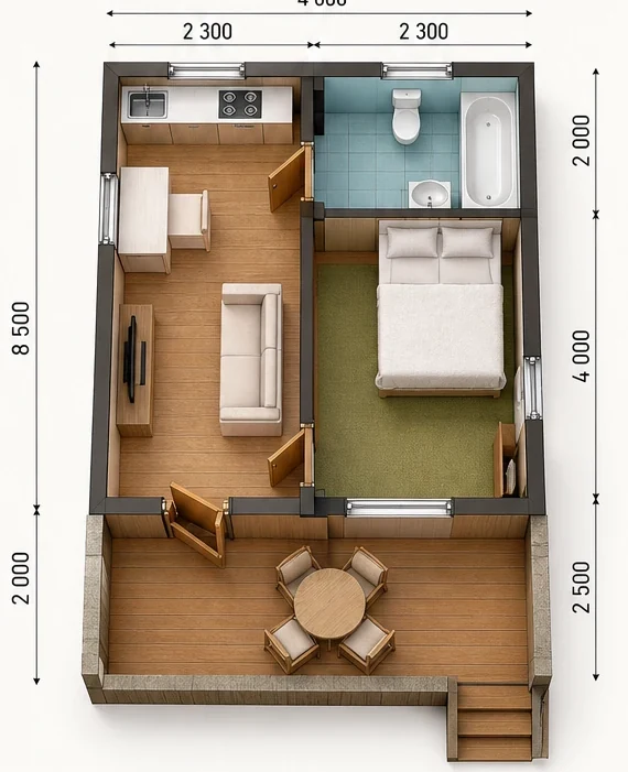 Планировка: Дачный домик с верандой 39,5 м²