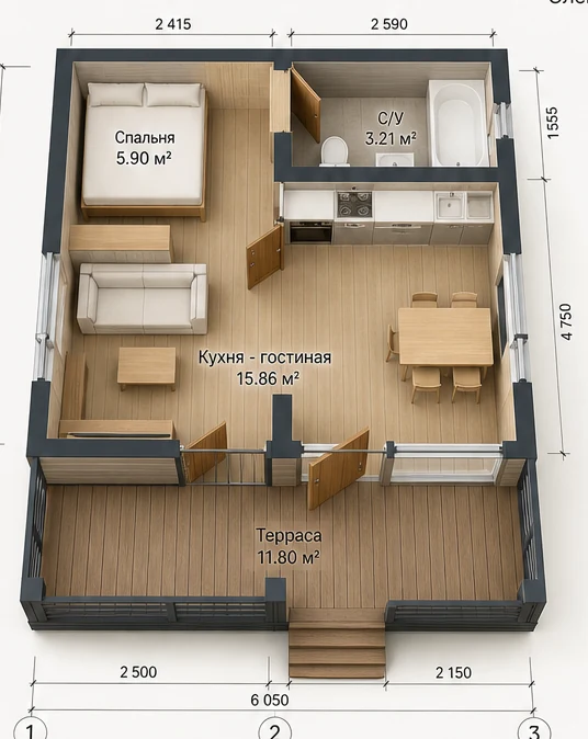 Планировка: Модульный дом с террасой 40 м²