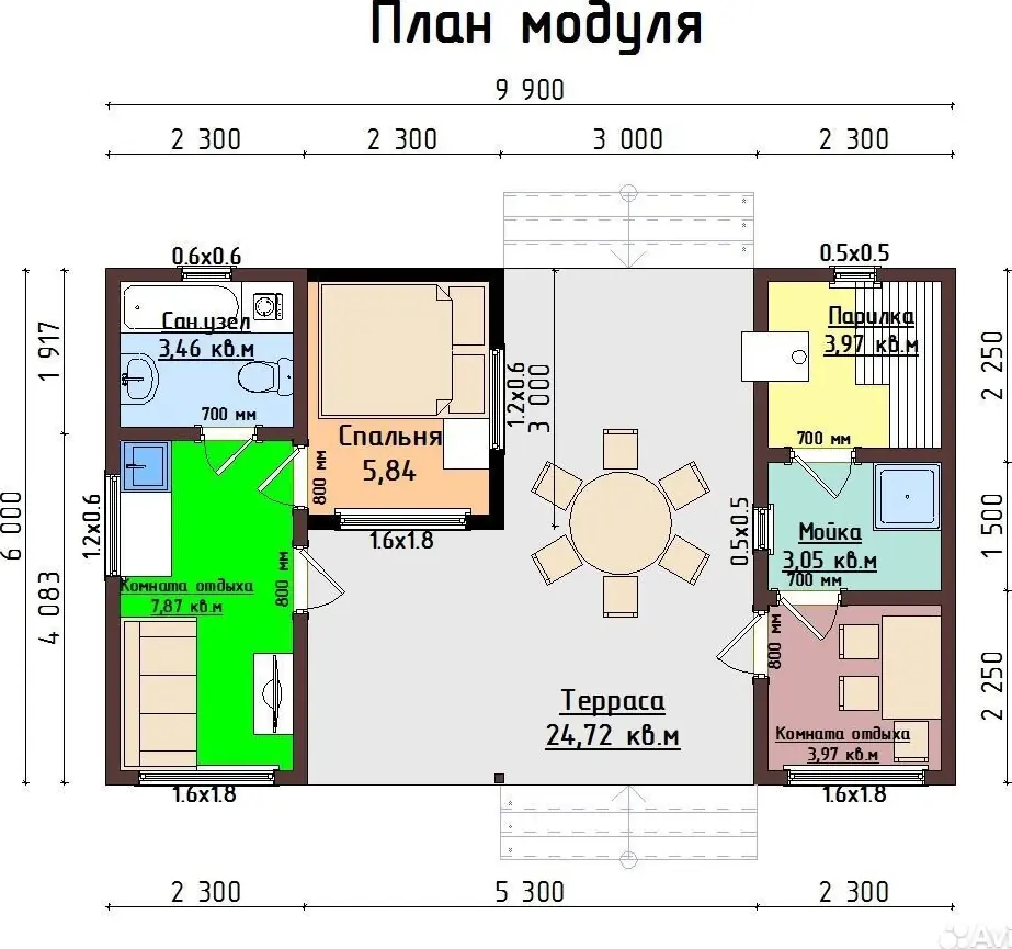 Дом модульный 30 м² с баней 9,6 м² и террасой