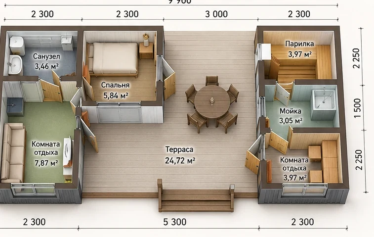 Планировка: Дом модульный 30 м² с баней 9,6 м² и террасой