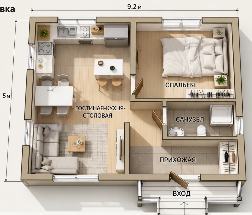 Планировка: Дачный домик с террасой 46 м²