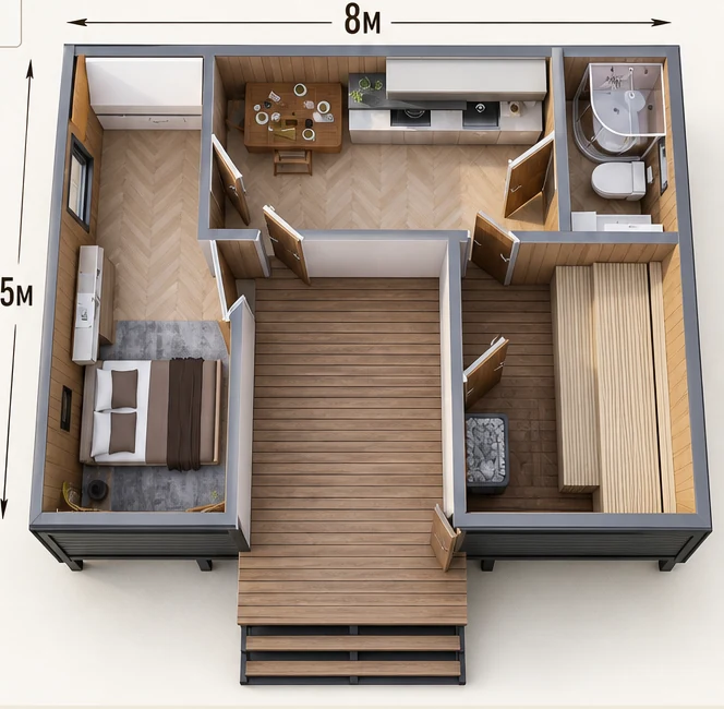 Планировка: Дачный домик с баней 39 м²